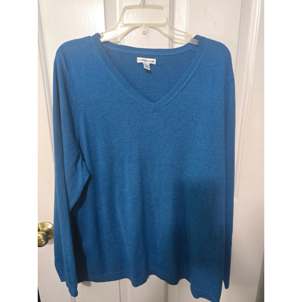 Croft & Barrow Womens 2X Blue V-Neck Long Sleeve Knit Sweater Heathered Top